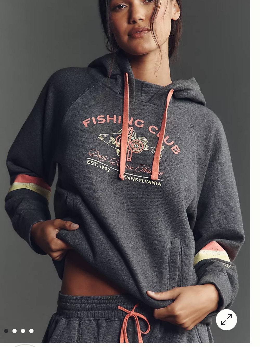 Anthropologie Daily Practice Hoodie - Charcoal with Coral Trim Fishing Club Logo
